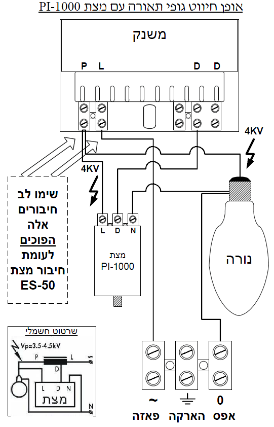 אופן חיבור גופי תאורה עם מצת PI-1000 4KV